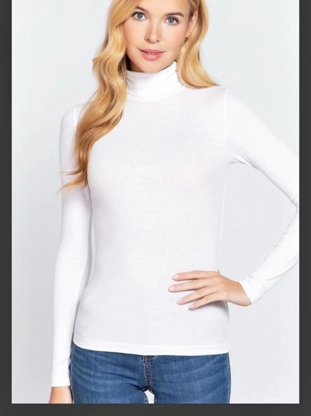 Active USA long sleeve Turtleneck Solid Fitted Seamless Long Sleeve Top White Lo